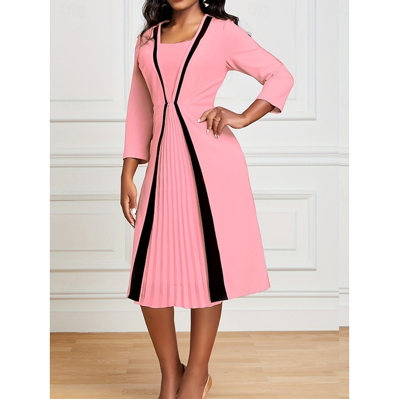 Women's Midi Dress A Line Dress Work Dresses Semi Formal Office Regular Fit Plain 3/4 Length Sleeve Crew Neck Black Pink Red Khaki Spring Fall2