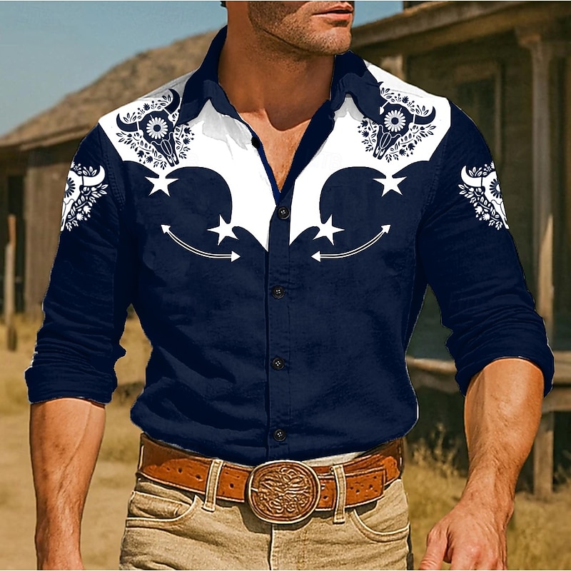 Men's Floral Print Cow Print Flowers Shirt Western Shirt Cowboy Shirt Long Sleeve Vintage Retro Outdoor Vacation Spring Fall Turndown 3D Print Linen Like Shirt Black Burgundy Brown Dark Blue3