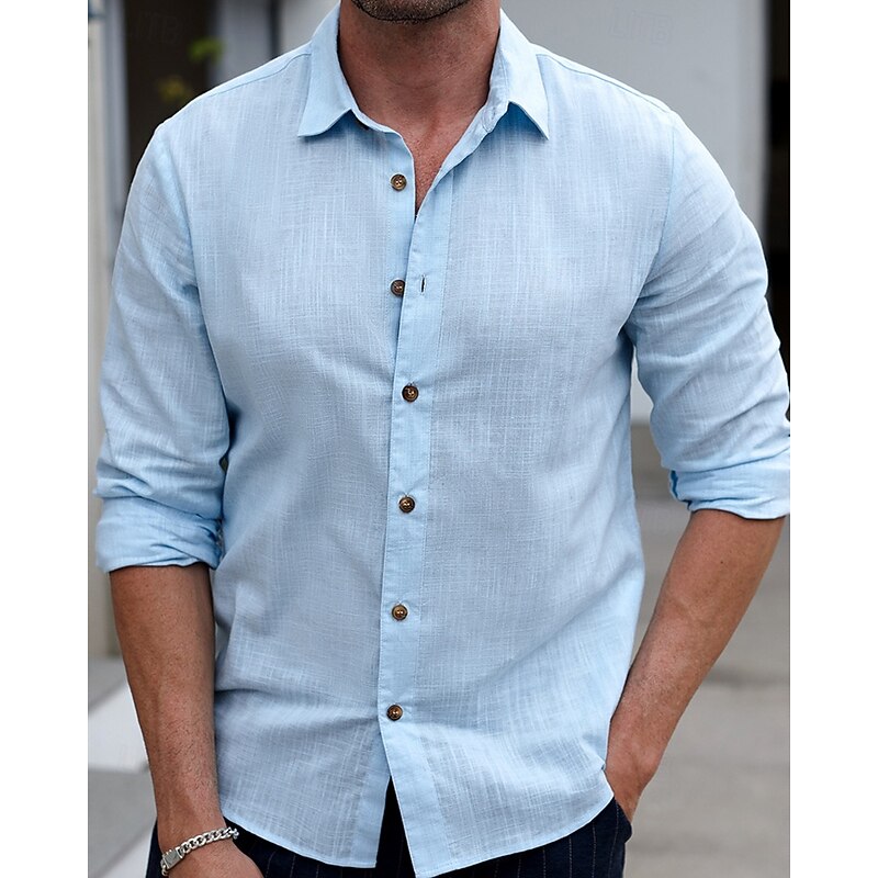Men's Shirt Summer Shirt Casual Shirt Beach Shirt Button Up Shirt Light Blue Long Sleeve Plain Lapel Vacation Hawaiian Clothing Apparel Fashion Casual Comfortable3