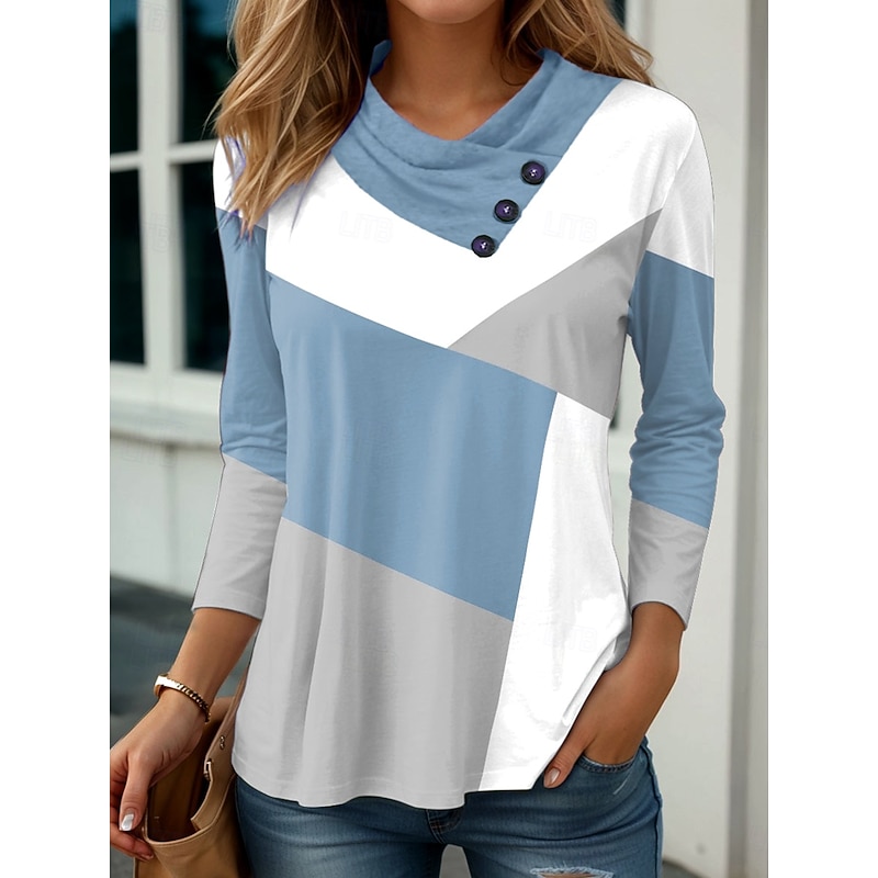 Women's Tunic Graphic Geometric Geometry Stylish Casual Long Sleeve Cowl Neck V Neck Regular Tops Daily Buttons Print Pink Sky Blue Khaki Spring Fall Winter4