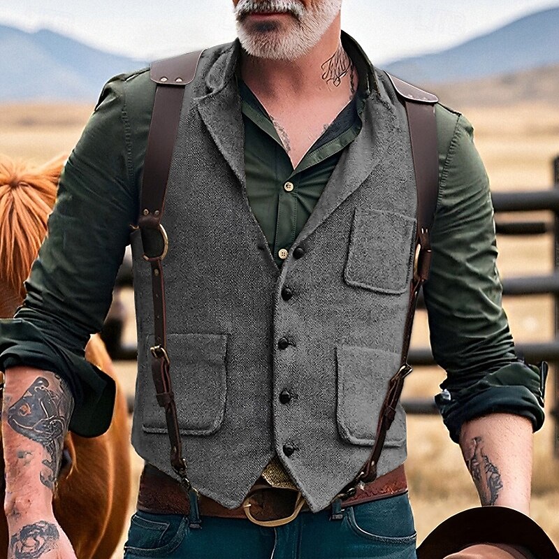 Men's Vest Waistcoat Gilet Vacation Party Business Fashion Casual Spring Fall Pocket Buttons Polyester Comfortable Plain Single Breasted One-button Lapel Regular Fit Khaki Dark Gray Vest2