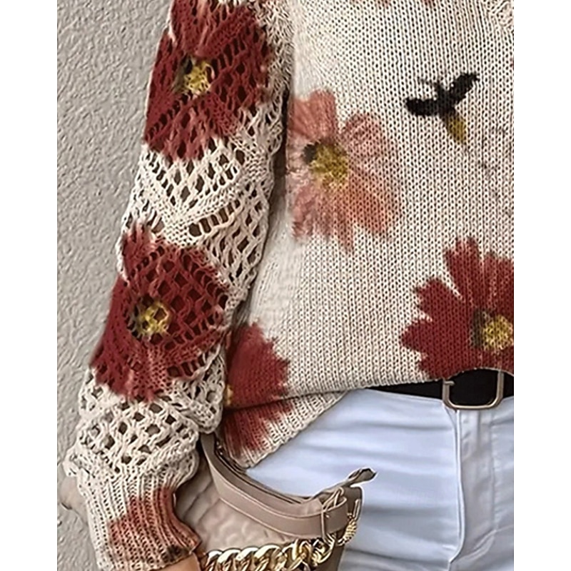 Women's Sweater Fashion Basic Casual Floral Ribbed V Neck Knitted Long Sleeve Regular Tops Knit Outdoor Daily Weekend Red Fall Winter3