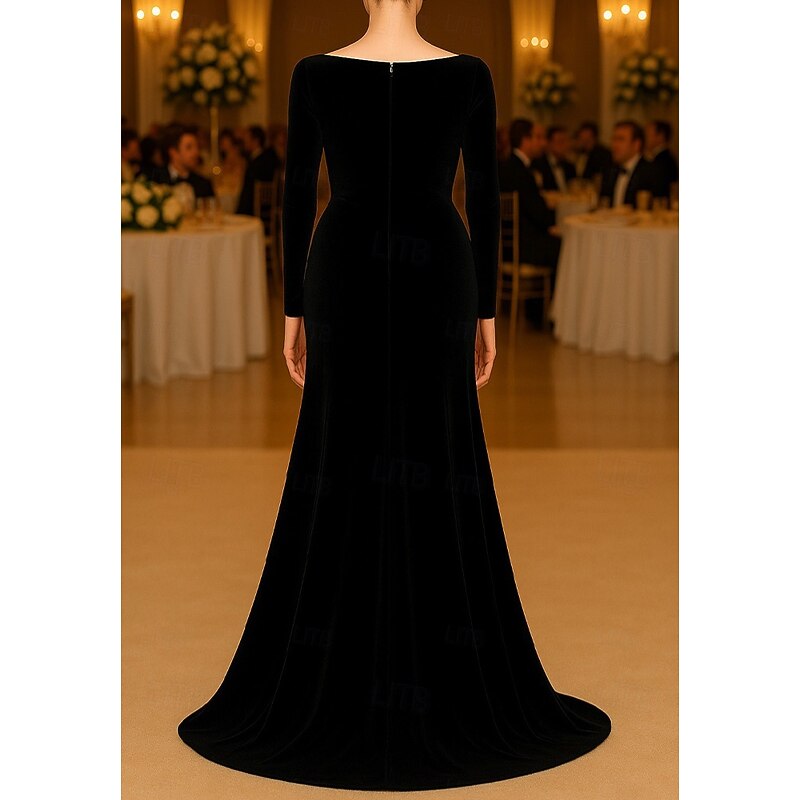 Black and Gold A-Line Mermaid / Trumpet Stretch Velvet Evening Gown Elegant Dress Formal Wedding Sweep / Brush Train Long Sleeve Boat Neck Sequined with Ruched 20252