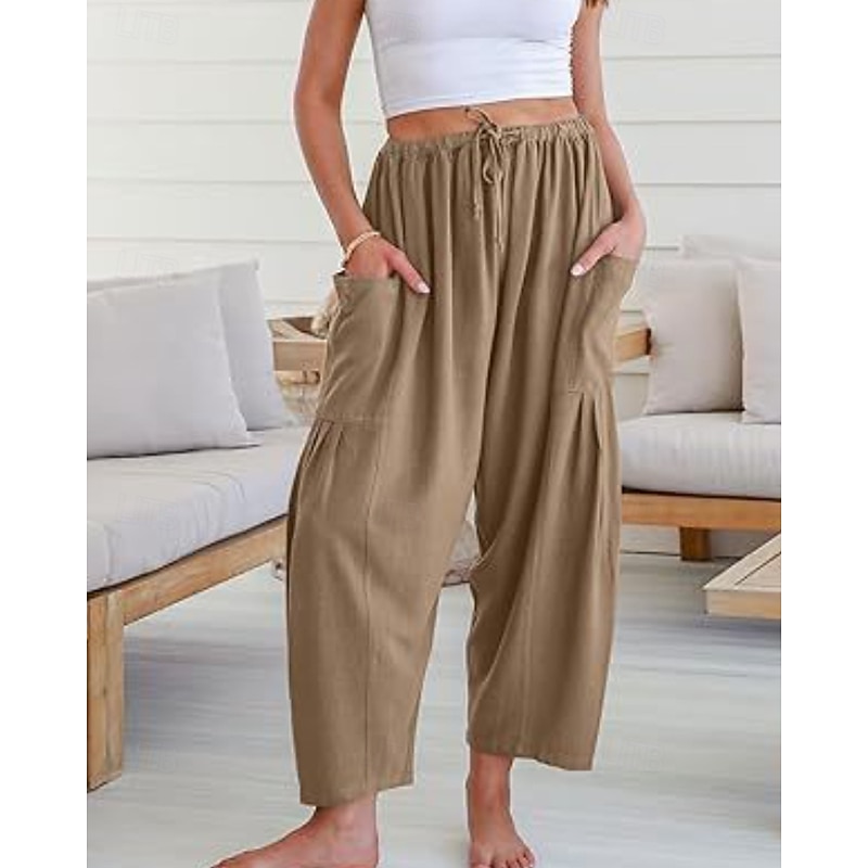 Women's Wide Leg Chinos Streetwear Casual Full Length Medium Waist Plain Drawstring Pocket Comfortable Micro-elastic Outdoor Vacation Street Dark red Lake blue Black White Spring Fall Regular Fit