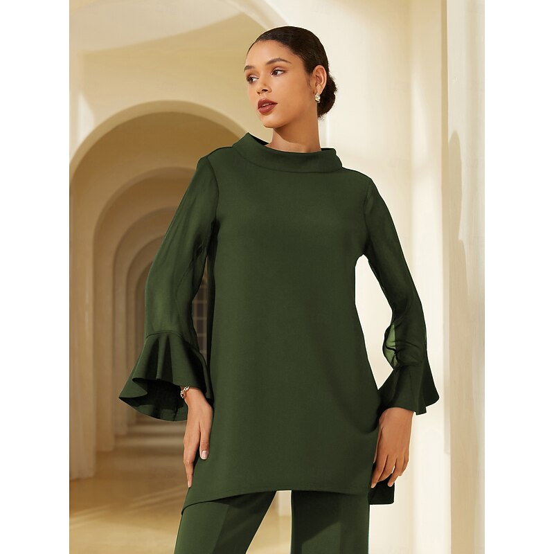 Women's Army Green Solid Chiffon Tencel Roma Patchwork Ruffle Three Quarter Sleeve Stand Collar Blouse