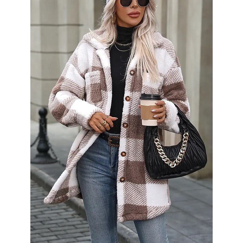 Women's Sherpa Jacket Comfortable Breathable Buttons Elegant Casual Plaid Vacation Street Casual Daily Wear Single Breasted Regular Turndown Regular Fit Long Sleeve Outerwear Black Khaki Spring Fall3