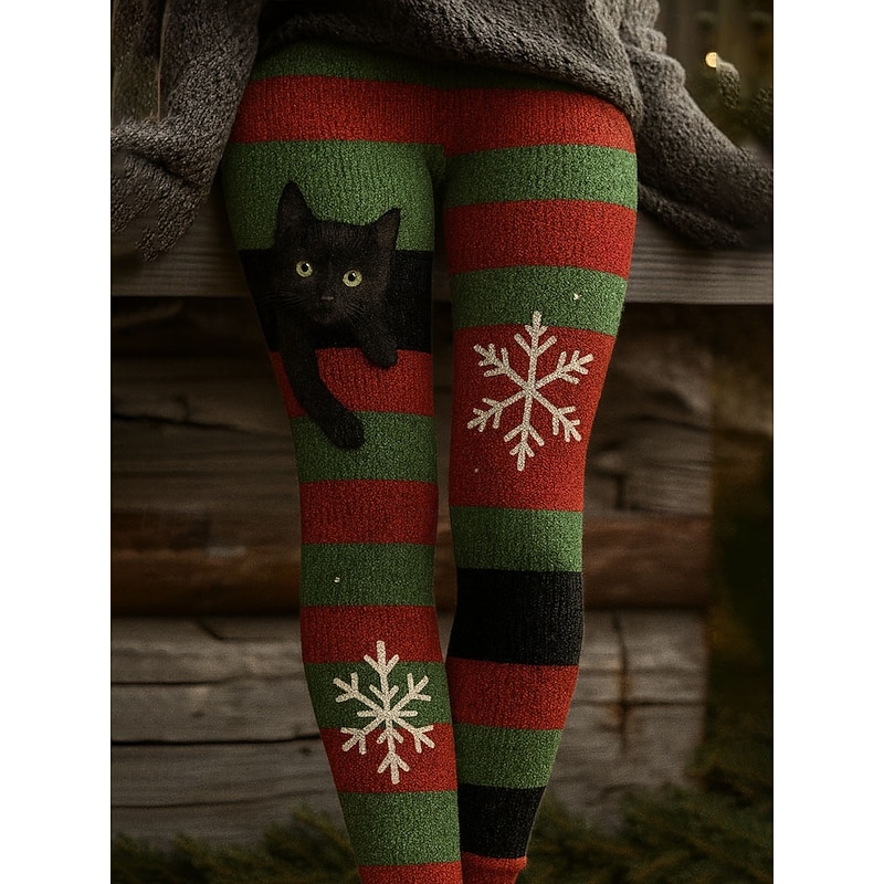 Women's Leggings Vacation Vintage Ethnic Style Full Length High WaistPantsUgly Christmas Graphic Plaid Cat 3D Print Quick Dry Breathability Soft Stretchy Outdoor Home Causal Black White Green Summer