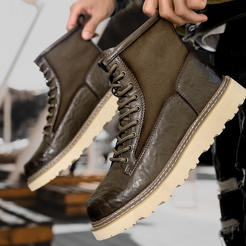 Men's Brown Faux Leather Lace-Up Combat Boots – Durable Outdoor Work and Hiking Footwear for Daily Wear and Adventure2