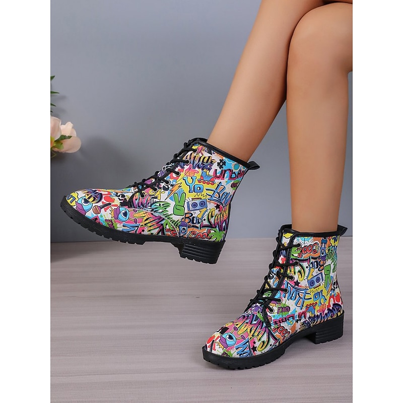 Women's Pink Floral Lace-Up Ankle Boots – Stylish Spring Fashion Combat Boots for Casual Outfits4