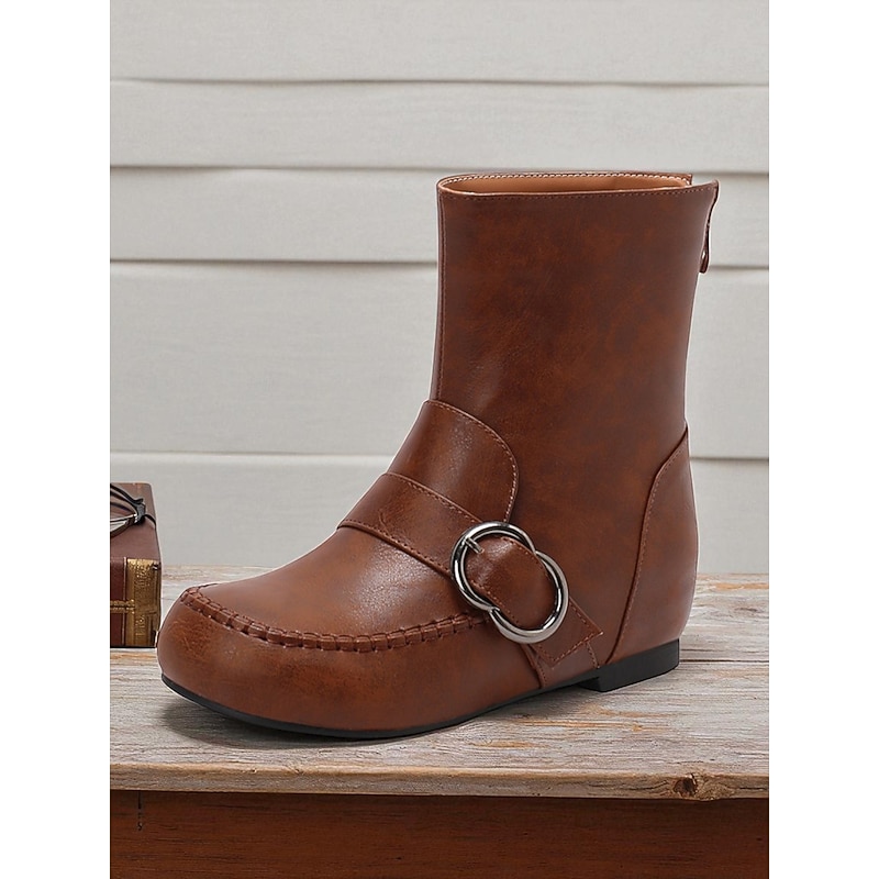 Women's Brown Wide Fit Faux Leather Ankle Boots with Metal Buckle Detail, Stylish and Comfortable, Ideal for Everyday Wear, Casual Outings and Fall Fashion
