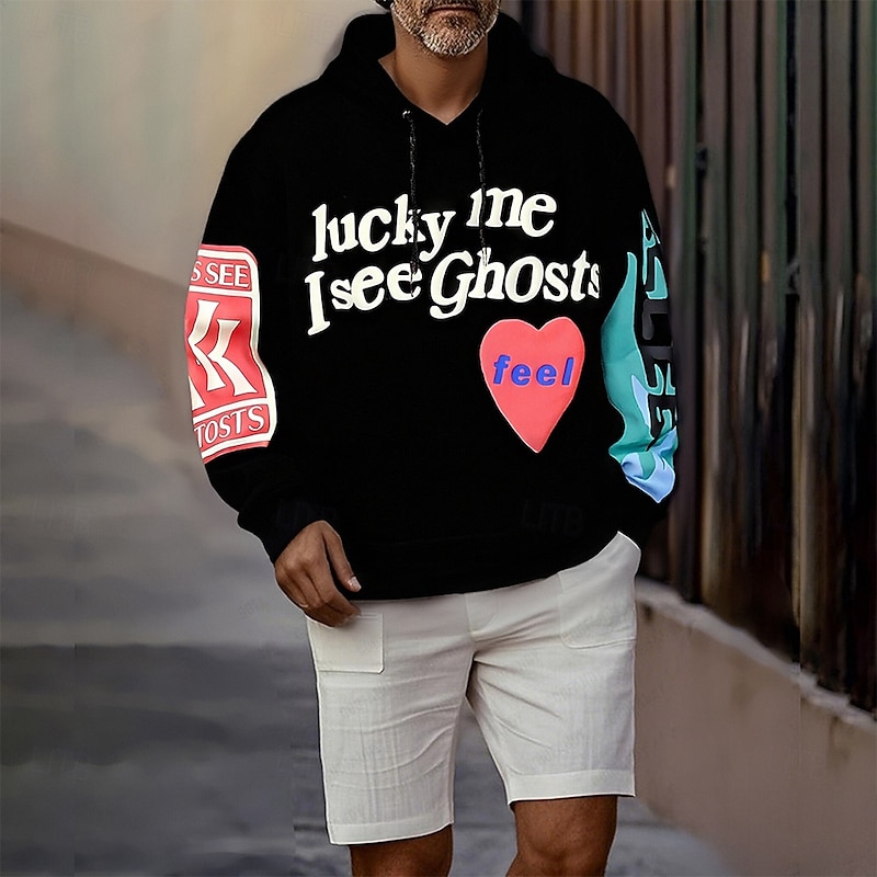 Men's Heart Letter Hoodie Fashion Daily Hooded Outdoor Vacation Streetwear Black Gray Drawstring Printing Spring Fall Designer