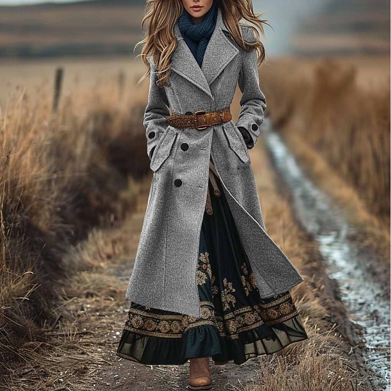 Women's Coat Pea Coat Warm Comfortable Pocket Buttons Casual Plain Vacation Street Daily Wear Going out Long Turndown Regular Fit Long Sleeve Outerwear Black Red Camel Fall Winter