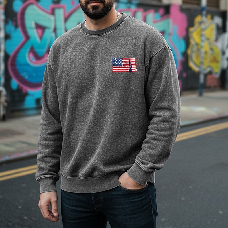 Men's Sweatshirt Distressed Hoodie Apricot Black Pink Army Green Brown Crew Neck American Flag Print Daily Holiday Going out 100% Cotton Vintage Retro Casual Fall Winter Clothing Apparel Hoodies