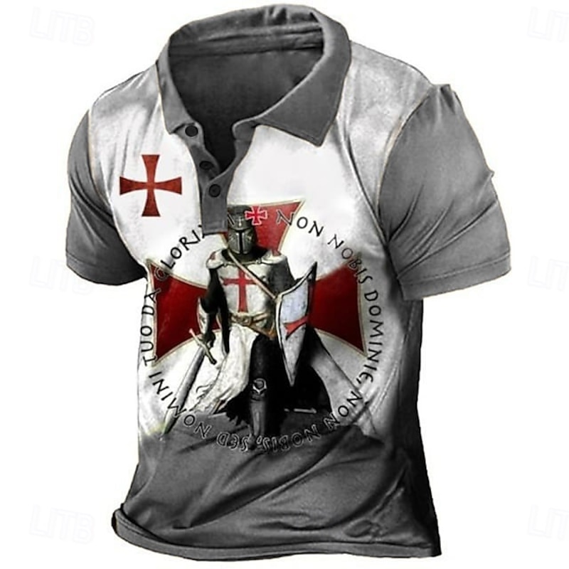 Men's Knights Templar Polo Shirts Golf Shirt Short Sleeve Polo Shirts Collared Shirts Vintage Casual Vacation Wear Festival Wear Party Outfits Buttons 3D Print Black Red Navy Blue3