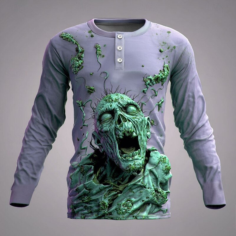 Men's Halloween Zombies Henley Shirt Long Sleeve Fashion Cute Daily Casual Holiday Going out Fall Spring &  Fall Light Green Purple Mint Green Khaki Henley Henley T-Shirt4