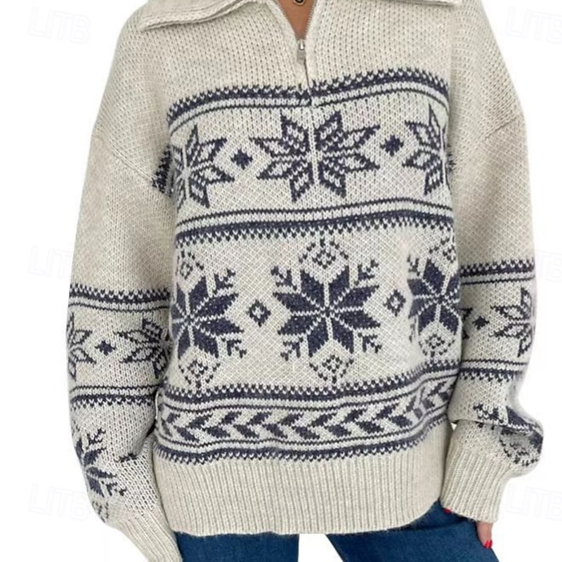 Women's Fair Isle Sweater Quarter Zip Pullover Elegant Vintage Daily Geometric Ribbed Shirt Collar Zipper Floral Long Sleeve Regular Tops Knit School Outdoor Home Black White Spring Fall4