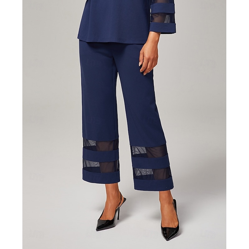 Women's Dark Blue Modal Cropped Pants with Sheer Chiffon Hem Elastic Waist Loose Fit Comfortable Stylish Daily Work Fall