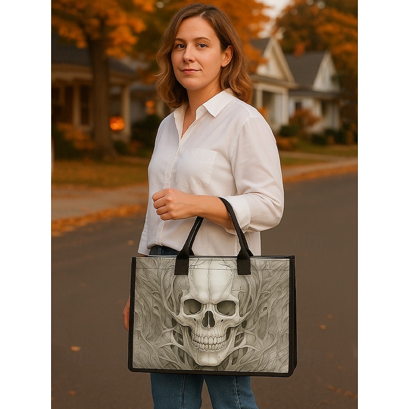 Women's Halloween Skull Tote Bag – Durable Fabric Handbag with Zipper Pocket, Gothic Style Shoulder Bag for Casual, Party and Holiday Use2