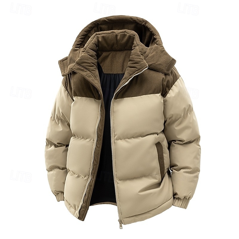 Men's Corduroy Puffer Jacket Padded Pocket Full Zip Hooded Christmas Outdoor Street Regular Neutral Fashion Daily Winter Solid Color Color Block Black Green Khaki Puffer Jacket