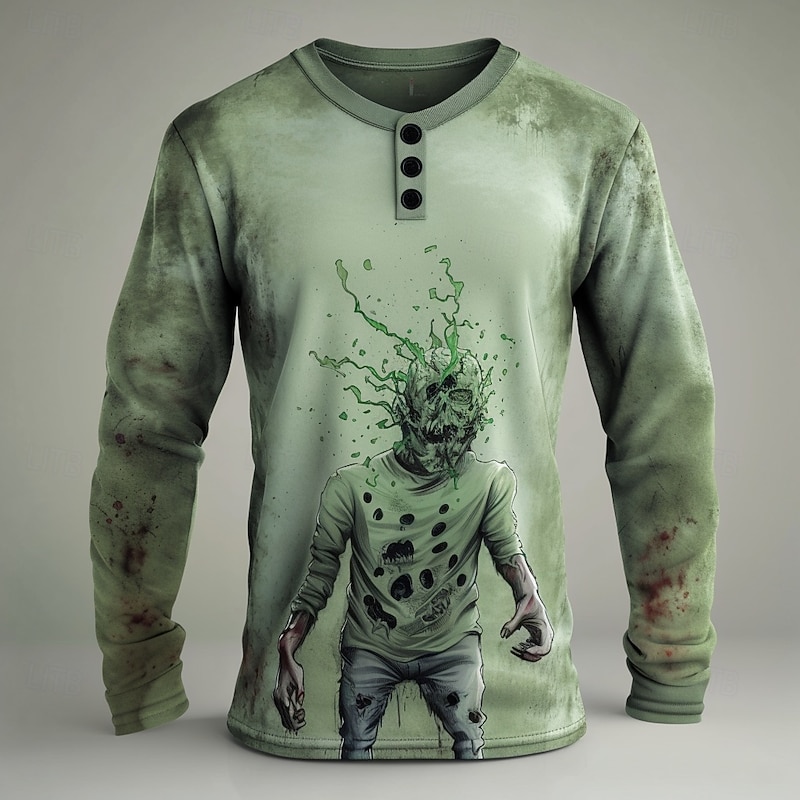 Men's Halloween Zombies Henley Shirt Long Sleeve Fashion Cute Daily Casual Holiday Going out Fall Spring &  Fall Green Henley Henley T-Shirt