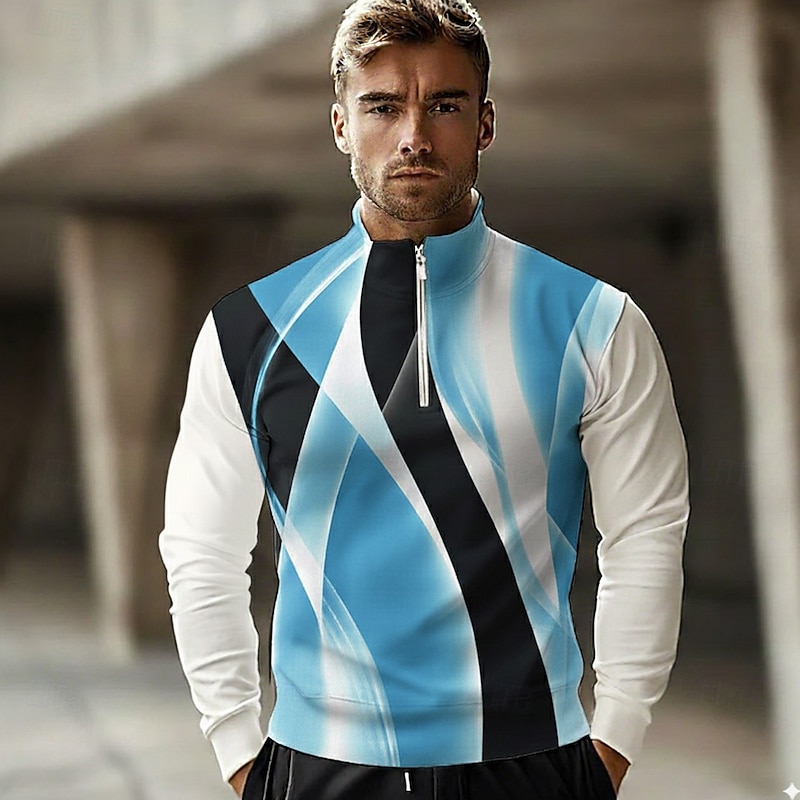 Men's Abstract Geometic Line Polo Long Sleeve Standing Collar Casual Athleisure Vacation Athleisure Casual Daily 3D Print Spring Fall Winter Black Green Blue2