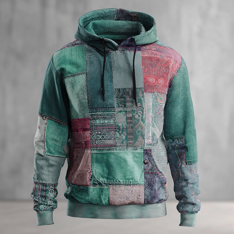 Men's Geometric Plaid Hoodie Sweatshirt Fashion Daily Crew Neck Home Party Streetwear Light Green Blue Drawstring Fall Winter Designer2