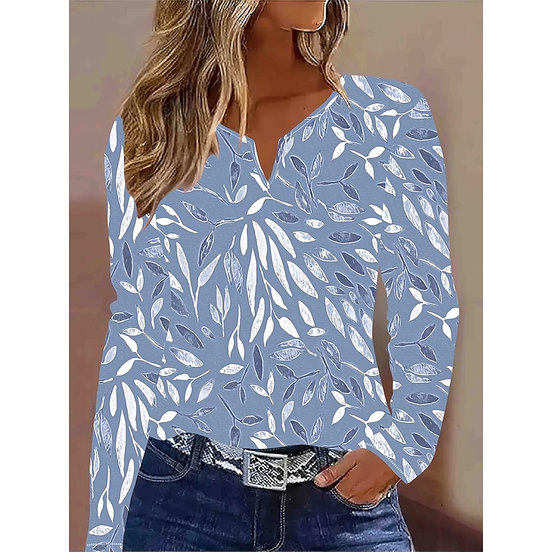 Women's T Shirt Floral Graphic Plants Vintage Stylish Classic Long Sleeve V Neck Notched Neck Regular Tops Daily Weekend Print Dusty Blue Spring Fall Winter