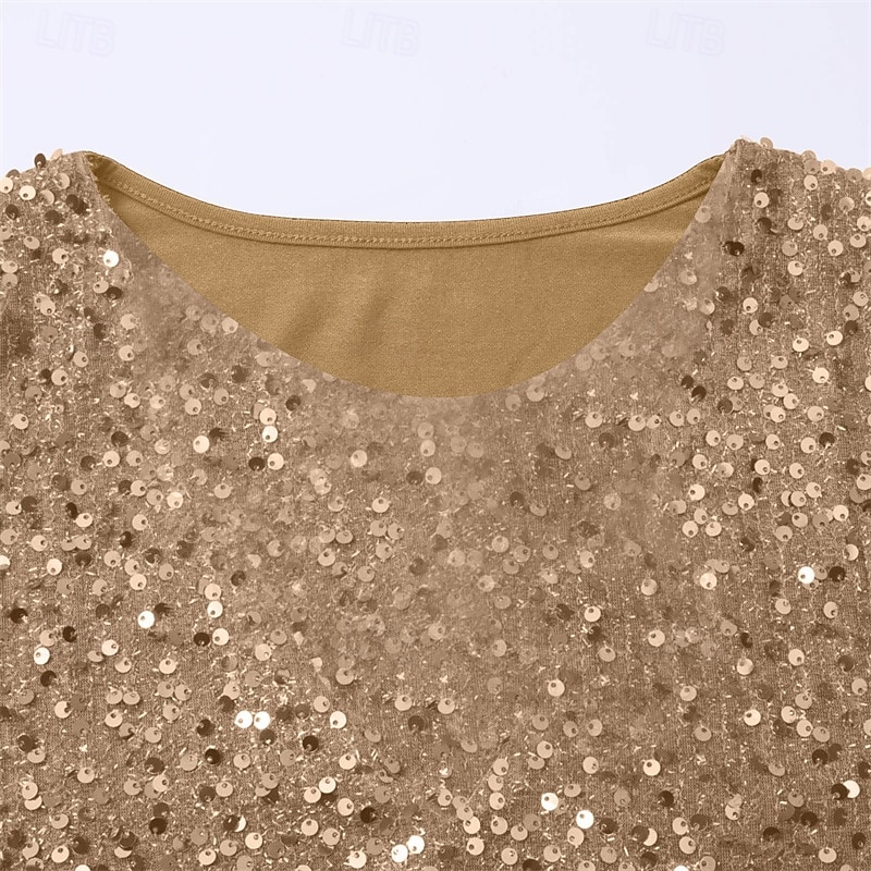 Women's T Shirt Tee Top Solid Color Fashion Stylish Classic Long Sleeve Round Neck Regular Tops Daily Weekend Sequins Patchwork Gold Spring Fall4