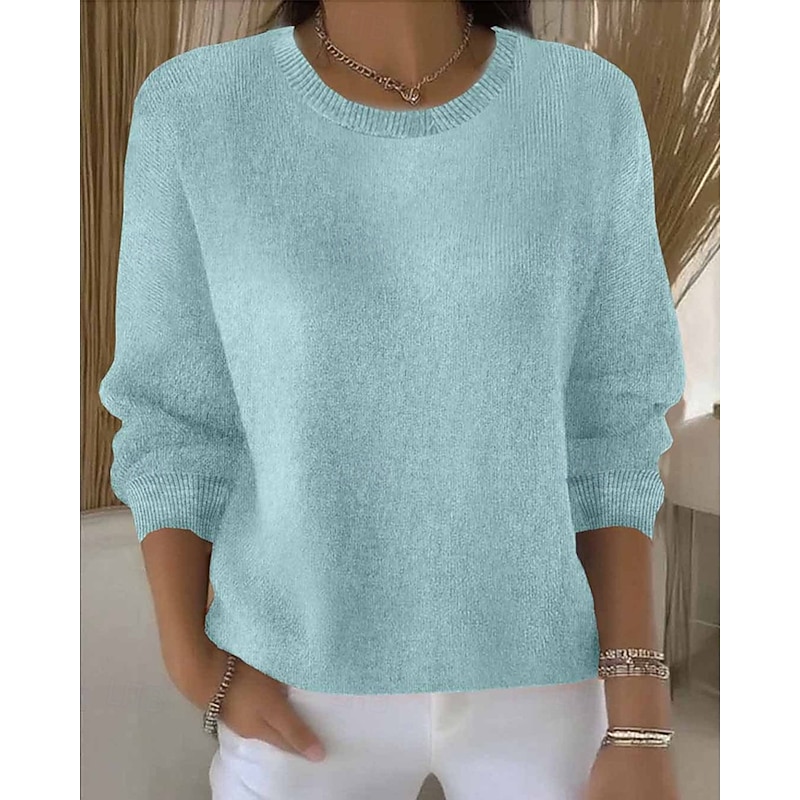 Women's Sweater Fashion Streetwear Casual Pure Color Ribbed Crew Neck Knitted Long Sleeve Regular Tops Knit Outdoor Daily Weekend Light Green Blue Fall Winter4