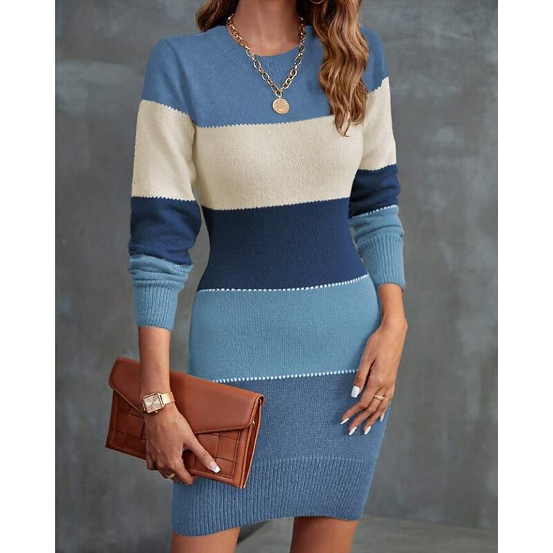 Women's Mini Dress Feather Dress Bodycon Modern Outdoor Going out Weekend Regular Fit Striped Long Sleeve Crew Neck Royal Blue Light Brown Spring Fall3