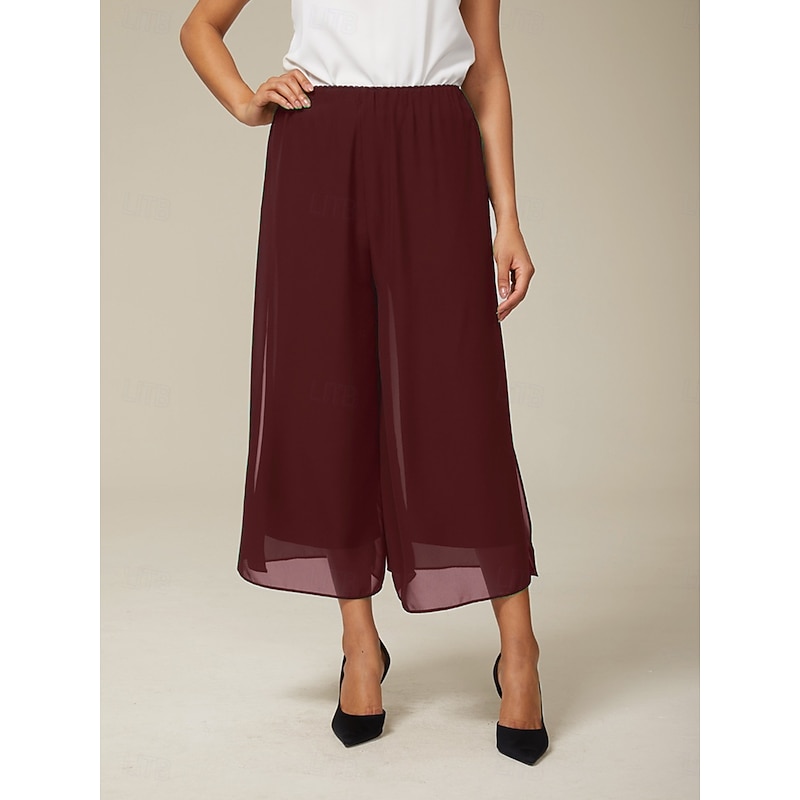 Women's Culottes Wide Leg Vacation Classic Calf-Length Mid Waist Elastic Waist Stylish Fashion Stretchy Formal Office Dailywear Wine Summer Spring Fall