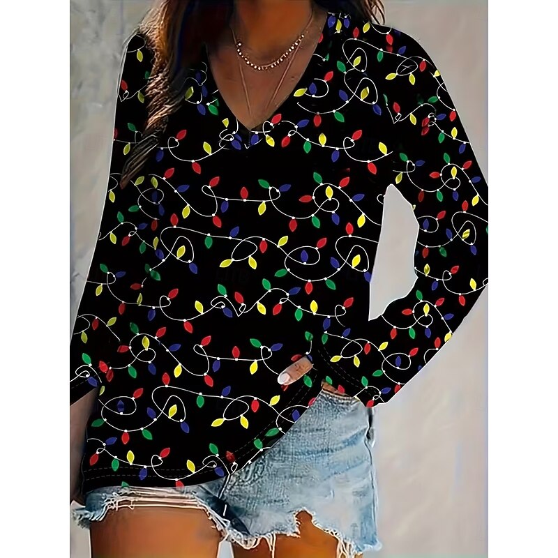 Christmas Women's T Shirt Flag Christmas Tree Elegant Vintage Stylish Long Sleeve V Neck Regular Tops Daily Going out Weekend Print Black Red Blue Summer Spring Fall Winter3