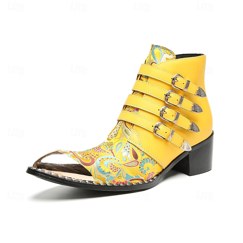 Men's Genuine Cowhide Leather Yellow Embroidered Ankle Boots with Multi Buckle Straps – Unique Gothic Style Party and Concert Footwear3