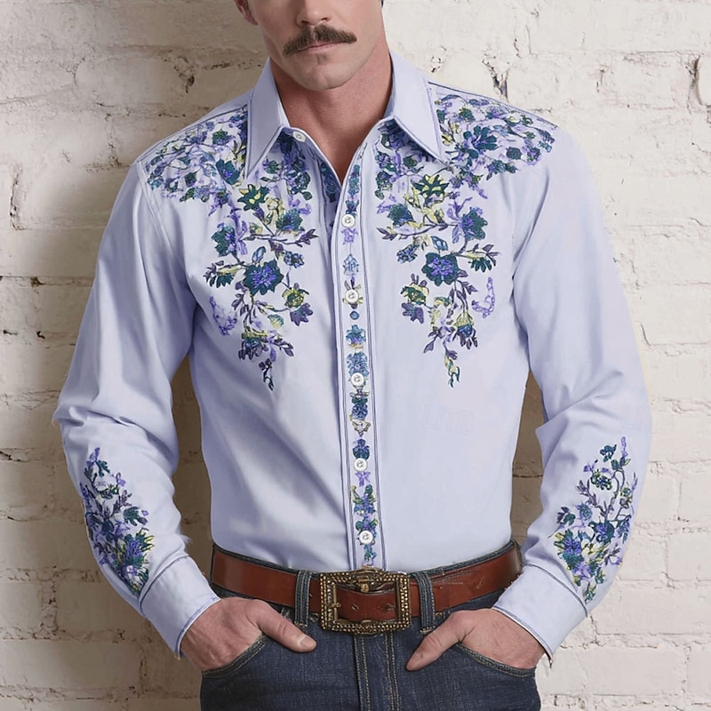 Men's Floral Print Ethnic Flowers Shirt Western Shirt Cowboy Shirt Long Sleeve Vintage Retro Outdoor Vacation Spring Fall Turndown 3D Print Linen Like Shirt Light Green Blue Purple Beige2