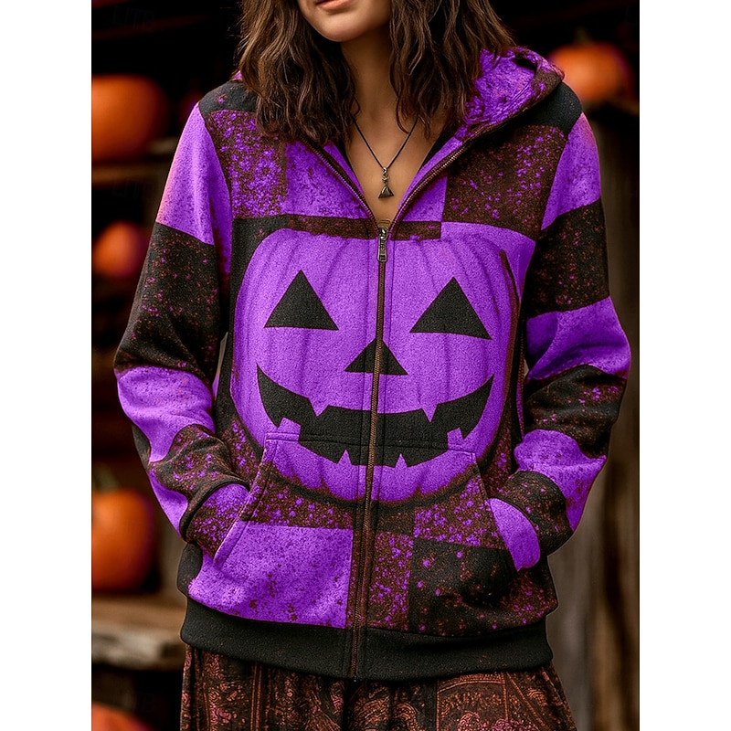 Women's Zip Up Hoodies Graphic Skull Pumpkin Punk Fashion Retro Long Sleeve Hooded Regular Tops Street Dailywear Casual Zipper Pocket Print Purple Orange Green Fall Winter4