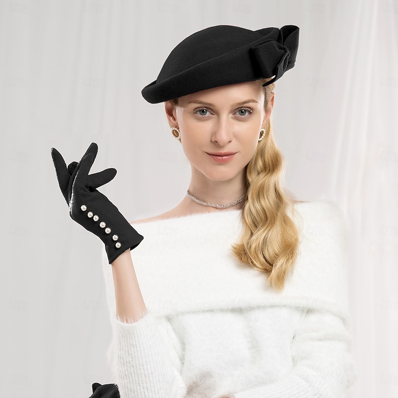 Hats 100% Wool Beret Hat Pillbox Hat Wedding Cocktail Elegant Wedding With Bowknot Pure Color Headpiece Headwear2