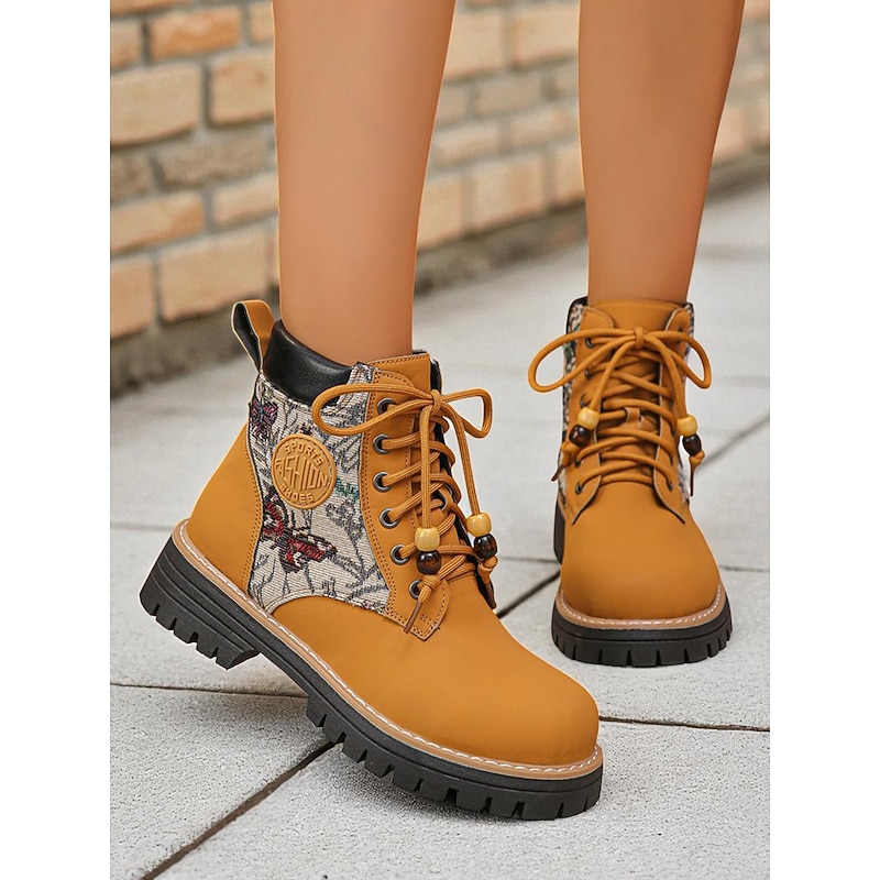 Women's Yellow Lace-Up Ankle Boots with Jacquard Fabric Panels – Fashion Hiking Style Shoes for Autumn, Winter & Outdoor Casual Outfits2
