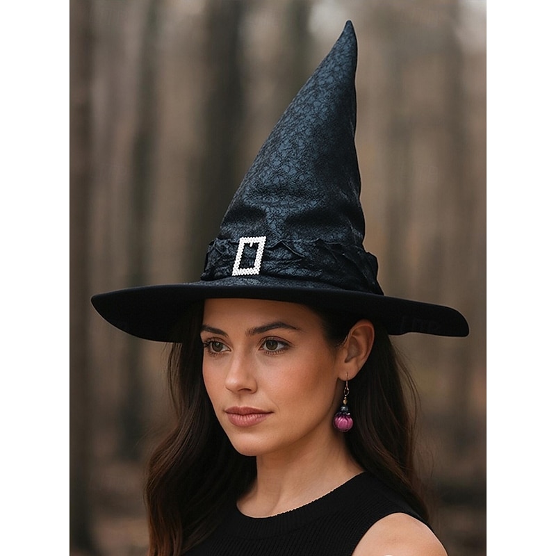 Women's Black Brown Halloween Witch Hat - Vintage Pointed Wizard Hat with Buckle, Classic Costume Accessory for Cosplay and Party Outfits