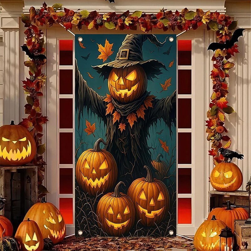 Halloween Tapestry Door Cover Outdoor Banners Skeleton Scarecrow 3D Dark Punk Gothic Style Party Dorm Teens Room College Dorm Guys Man Cave Frat Bedroom Shooting Backgrounds Home Decor