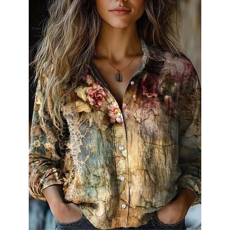Women's Shirt Floral Graphic Paisley Elegant Stylish Retro Vintage Long Sleeve Shirt Collar Regular Tops Daily Holiday Pocket Buttons Print Blue Sky Blue Khaki Summer