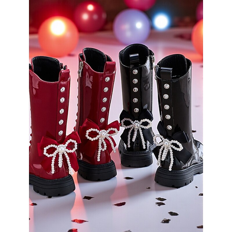 Korean Idol Inspired Pop Star Costume Shoes Girl's Patent Leather Lace-Up Boots - Stylish Combat Mid-Calf Boots with Bow Detail For Schooland Party Wear2