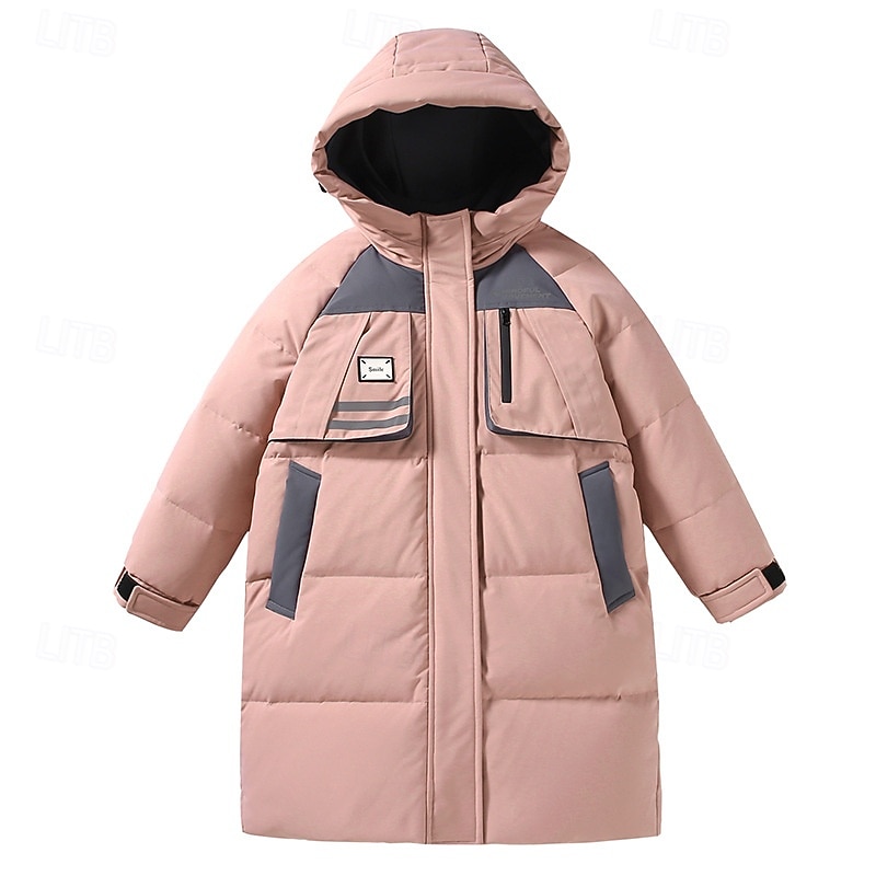 Kids Girls' Down Jacket Outdoor Jacket Puffer Jacket Solid Color Fashion Waterproof Keep Warm Windproof Outdoor Coat Outerwear 4-12 Years Fall Black Pink Beige3