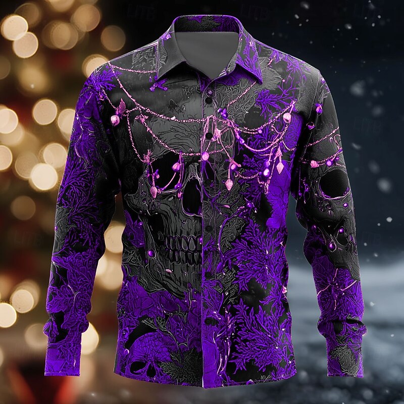 Men's Skull Floral / Flower Day of the Dead Shirt Button Up Shirt Long Sleeve Dark Punk Gothic Style Outdoor Holiday Summer Spring Turndown 3D Print Collared Shirts Red Purple Orange Green4