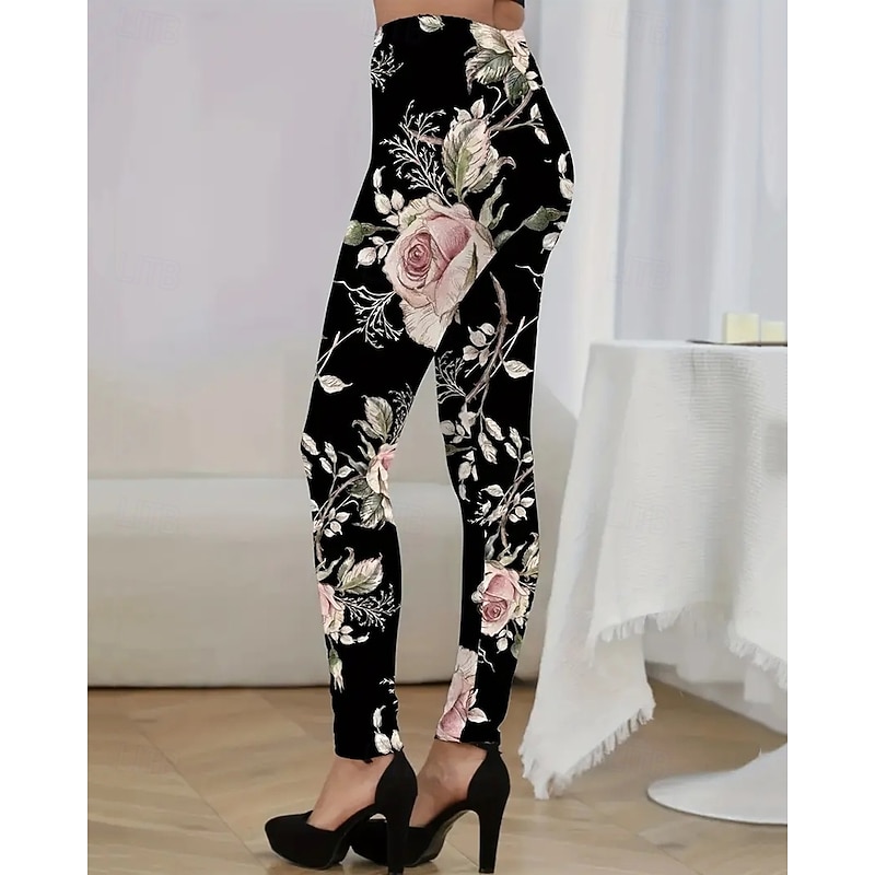 Women's Leggings Cozy Leggings Fashion Basic Casual Full Length High Waist Floral Printing Thermal Warm Comfortable Stretchy Vacation Casual Daily Black Spring Fall Slim Fit3