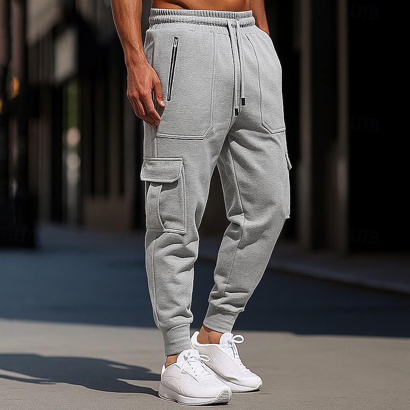 Men's Cargo Sweatpants Sweatpants Fleece Pants Joggers Trousers Drawstring Zipper Elastic Waist Solid Color Plain Windproof Outdoor Full Length Casual Daily Vacation Fashion Black White Micro-elastic