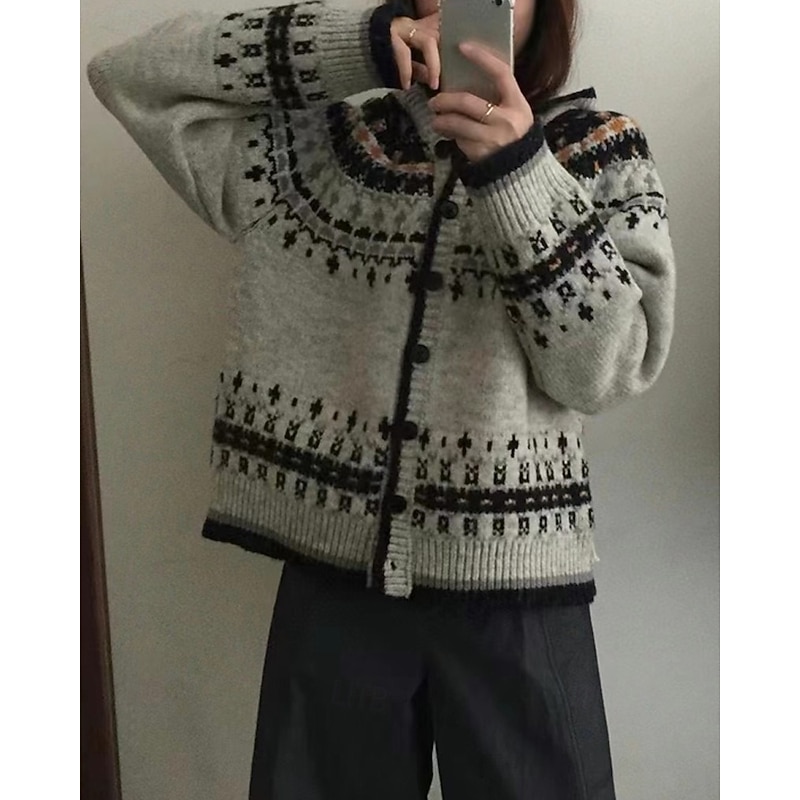 Women's Sweater Cardigan Fair Isle Sweater Vintage Fashion Casual Geometric Ribbed Hooded Buttons Knitted Print Long Sleeve Regular Tops Knit Christmas Outdoor Daily Gray Fall Winter2
