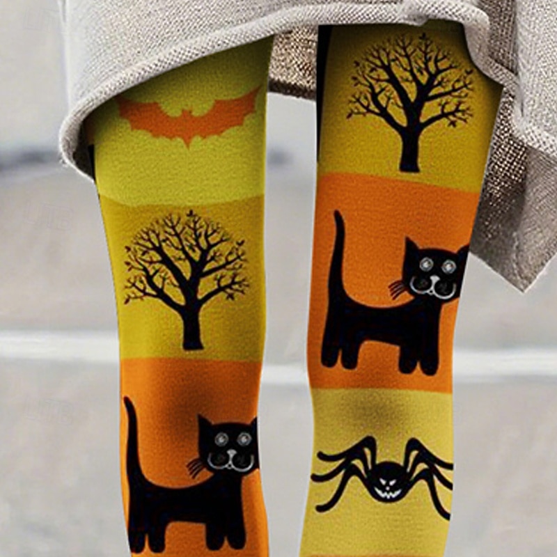 Women's Leggings Cozy Leggings Vacation Basic Casual Full Length High WaistPantsHalloween Cat Pumpkin Printing Thermal Warm Comfortable Stretchy Vacation Casual Daily Orange Fall Winter Skinny2