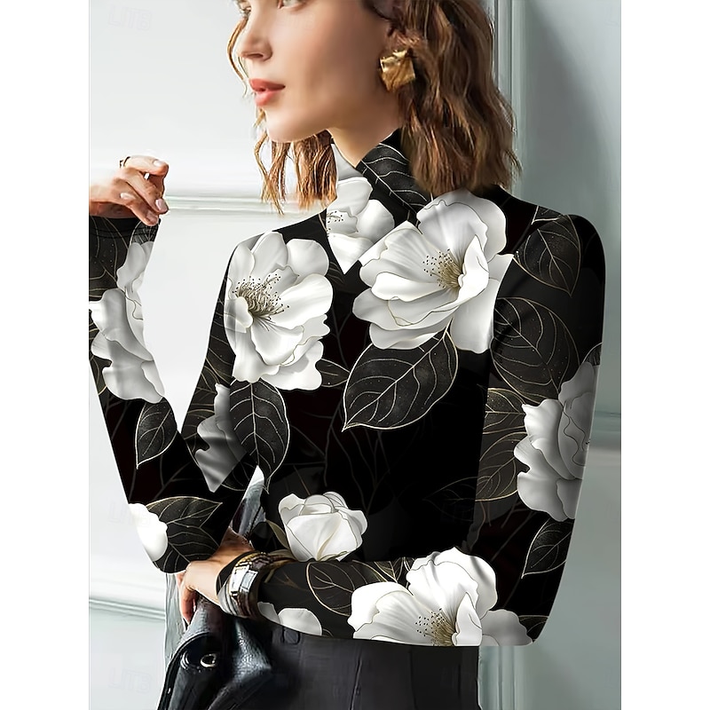 Women's T Shirt Floral Graphic Plants Elegant Vintage Stylish Long Sleeve Turtleneck High Neck Regular Tops Going out Black Pink Fall Winter