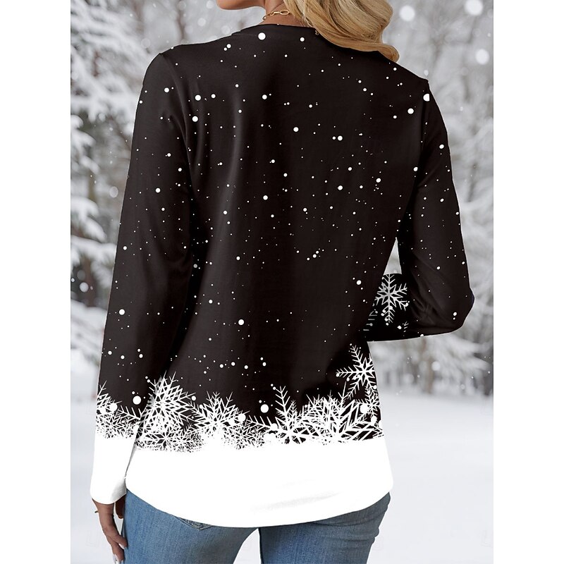Christmas Women's T Shirt Graphic Snowflake Wine Glass Casual Long Sleeve V Neck Regular Tops Daily Patchwork Print Black Wine Blue Green Fall Winter2
