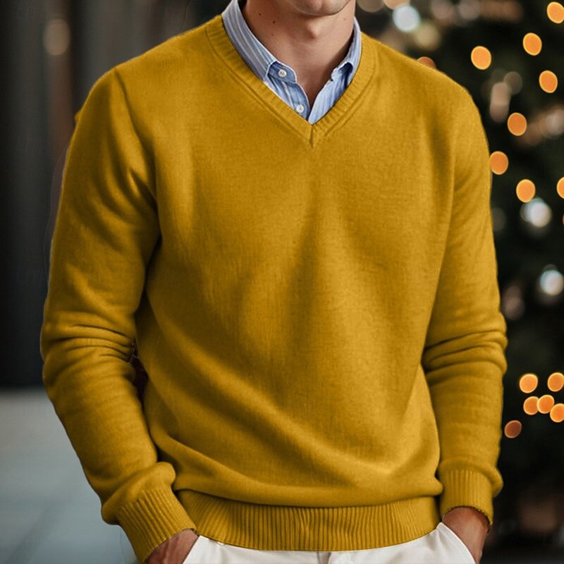 Men's Dress Sweater Pullover Sweater Jumper Ribbed Knit Regular Tops Classic Style Knitted Plain V Neck Chic & Modern Modern Contemporary Xmas Work Clothing Apparel Winter Yellow Blue S M L3